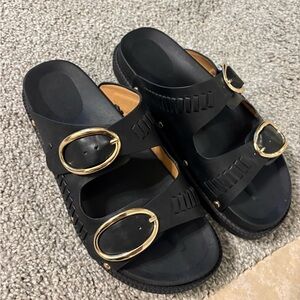 Black Slide Sandals with Gold Buckles